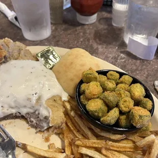Chicken fried steak, fries, okra and roll