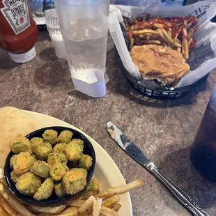 Chicken Fried Steak Sandwich with fries (top right) and okra (we had already started when I remembered to take a picture)