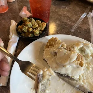 gluten Free celiac knowledge chicken fried steak, mashed potato's and gravy, fried okra, fried onion
