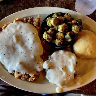 CFS, Mashed potatoes and fried okra!  I've had four different CFS's here at 75 only one was hard to chew.