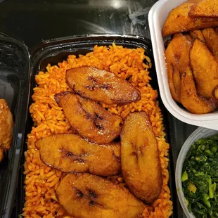 Jollof rice with plantains, extra plantains, and greens