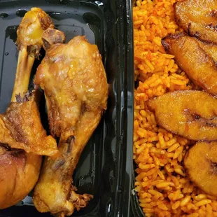 Jollof rice and plantain with dry fried chicken (no red stew)- very very yummy!