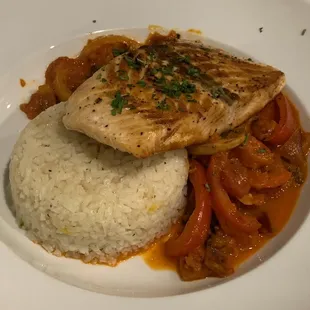 Salmon with veggie stew and rice - delicious!