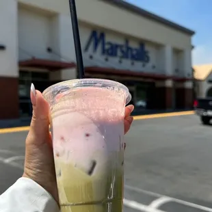 Matcha with two shots of espresso and strawberry foam delish