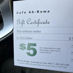 a gift certificate for five dollars