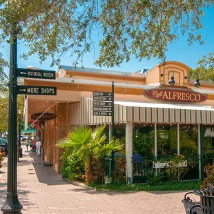 Café Alfresco is located on the corner of Main Street and the Pinellas Trail in Dunedin, FL.