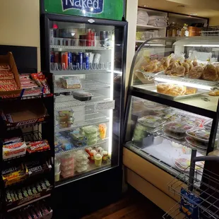 Chocolate bars, energy drinks, sandwiches, salads, sushi, dessert, pastries.