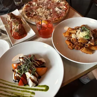 Caprese salad, rigatoni bolognese , prosciutto &amp; mushroom pizza and meatballs appetizer