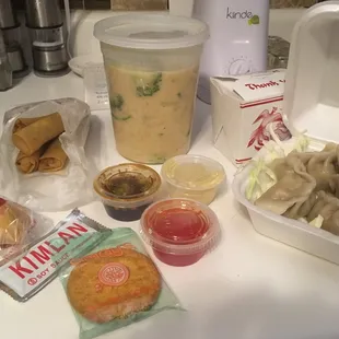 Yum! Egg rolls, chicken Penang curry and pork dumplings