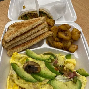 Egg omelette with avocado and potatoes