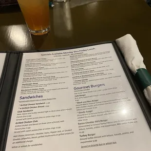 Lunch specials and sandwich menu