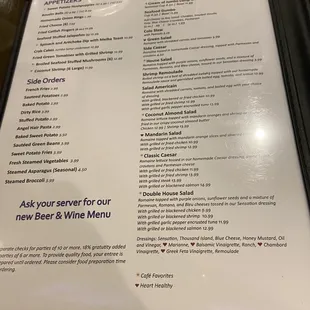 Appetizer and salad menu