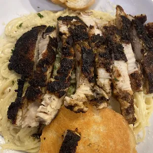 Blackened Chicken Pasta with angel hair and Alfredo sauce YUM YUM YUMMY