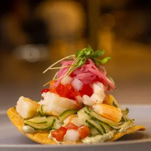 Ceviche Sliders: Sea Bass, Shrimp, Aji Peppers, Avocado, Pico de Gallo, Cilantro &amp; Leche de Tigre on Top of Crispy Tostadas.