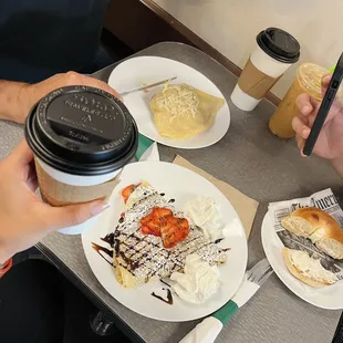 Ham &amp; Cheese Crepe (Top Left) Strawberry Nutella (Middle) Bagel &amp; Cream Cheese (Far Right)