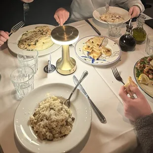 Chicken Piccata, Risotto Ai Funghi, Polipo e Calamari Salad, Pizza Bread
