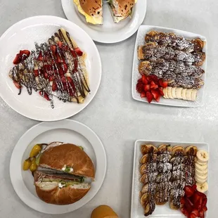 Nutella Crepe, mini pancakes, turkey avocado bagel, egg bagel.