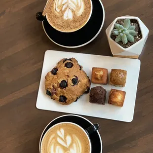 Spanish latte, latte, blueberry scone, financiers