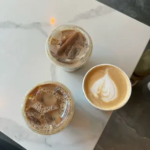 Hot caramel latte, iced Spanish latte, iced chai