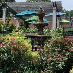 a fountain in the middle of a garden