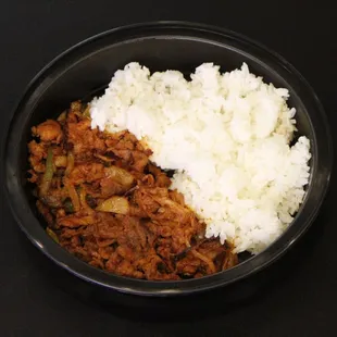 spicy pork, you can choose white rice or brown rice!