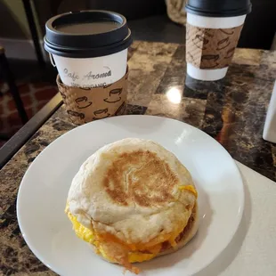 Got a yummy breakfast sandwich with a turmeric and ginger tea