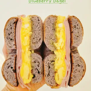 Ham, Eggs and Cheese on Blueberry Bagel