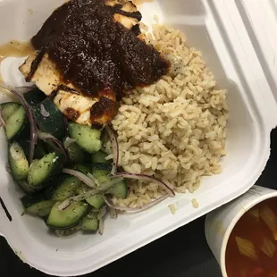 Chicken rice with cucumber salad, and Hungarian vegetable soup