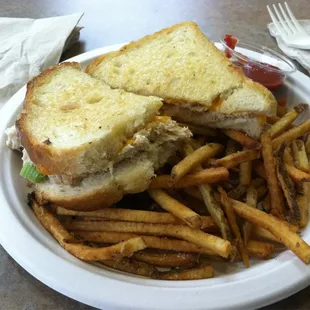 Tuna melt and fries.