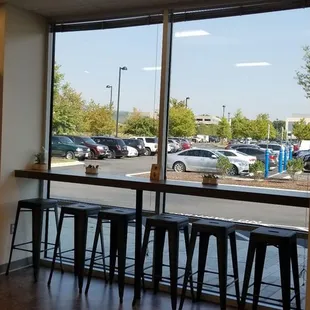 a view of a parking lot through a window