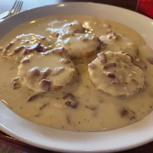 Fresh biscuits &amp; gravy. Tasty dish, though the biscuits weren&apos;t as fluffy as I like.