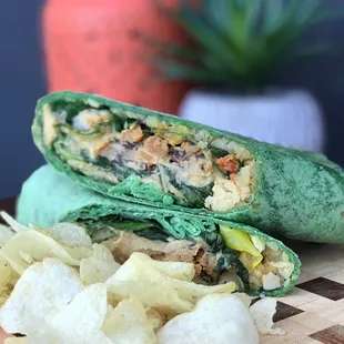 Grilled Veggie Wrap--Spinach tortilla, Black Beans, White Bean Paste, Banana Peppers, Sun-Dried Tomatoes, Spinach &amp; Seasoned Potatoes