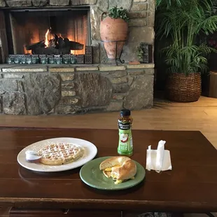 Belgian waffle, Egg/Cheese bagel, Apple Juice