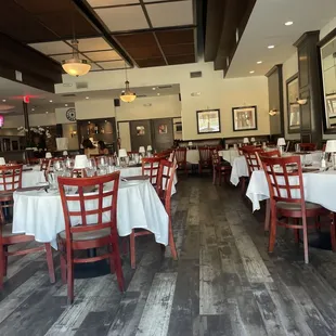 empty tables and chairs in a restaurant