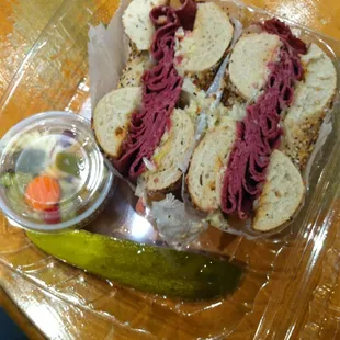 The hot Pastrami on an everything bagel, DELICIOUS.