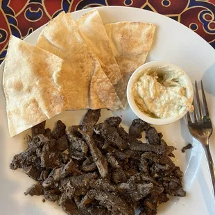 The &quot;Red Platter:&quot; I chose lamb shawarma meat, tabbouleh, and baba ghanoush...mmmmmmmm :)