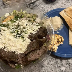 Fattouch salad with kafta kebab, harissa labany, hummus and pita.
