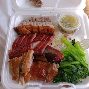 Crispy Pork , BBQ Pork and Duck with rice and  bok choy