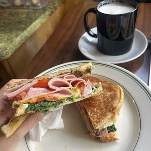 Pesto ham melt sandwich and a chai latte