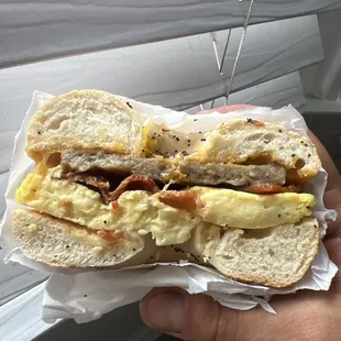 Bacon &amp; sausage on everything bagel.