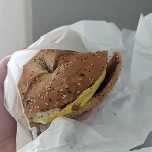 Egg and jalapeno cheese on everything bagel