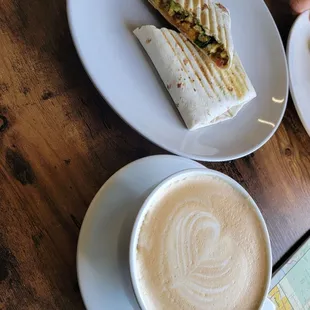 Decaf latte with their breakfast burrito
