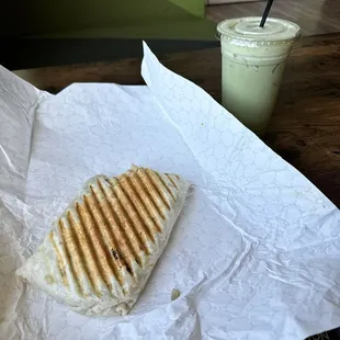 Breakfast burrito, matcha latte