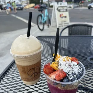 Ocean beach açaí bowl + therapy blend (coffee, peanut butter, honey, protein)