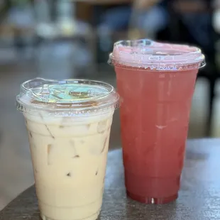 Chai tea latte (left) sparkling strawberry refresher (right)