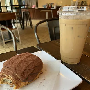 iced vanilla latte and chocolate croissant