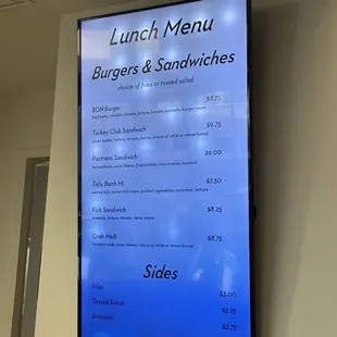 a menu for lunch and sandwiches