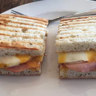 Ham, egg and cheese breakfast sandwich.