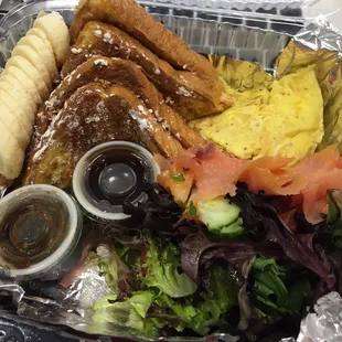 Their breakfast deluxe, I swapped the bacon and sausages for salmon and veg! Very accommodating! The French toast was delicious