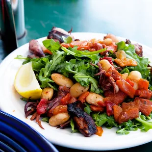 grilled squid with beans and arugula